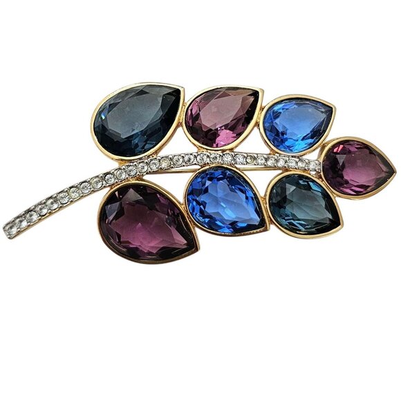 Swarovski Open Back Crystal Leaf Brooch, Purple Blue Clear Marked Swan Logo Pin - Picture 11 of 11